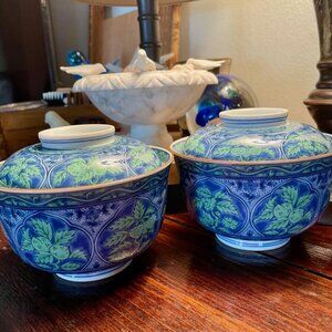 Vintage Chinese Porcelain Covered Bowls Pair Blue Green Floral Jingdezhen
